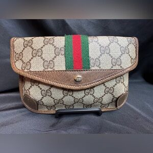 Gucci Vintage GG Beige and Brown Monogram Gucci Sherry Line Pouch